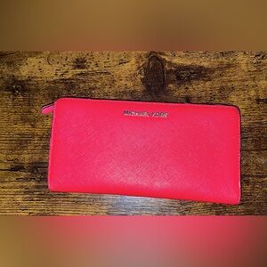 Michael Kors Red Saffiano Leather and Brown Monogram Wallet SAME DAY SHIPPING